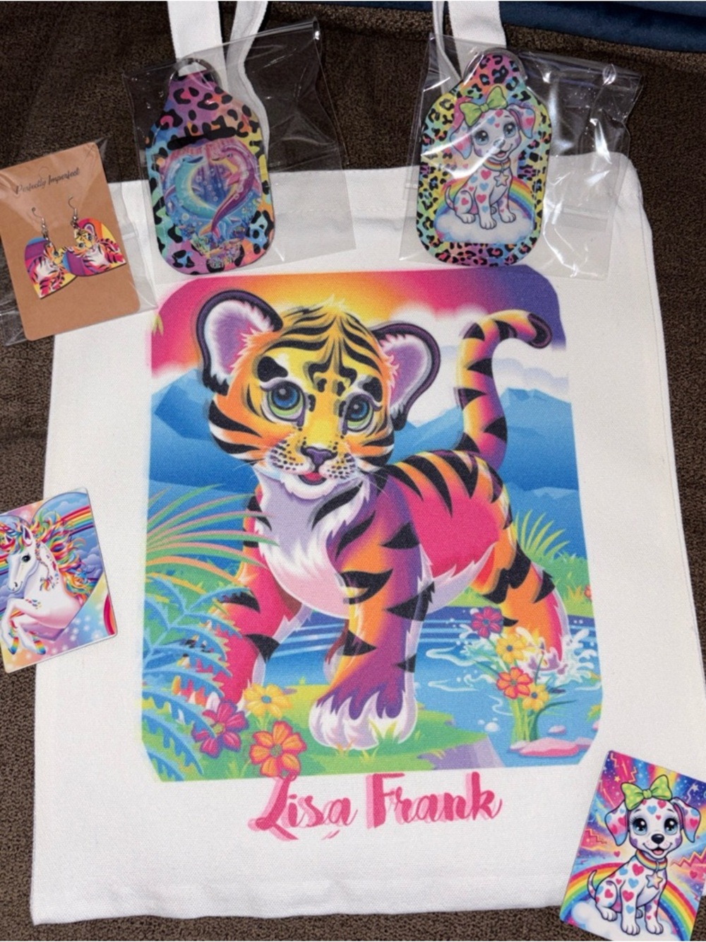 Lisa Frank Tiger Tote bundle earrings magnets chapstick holder 6 items homemade